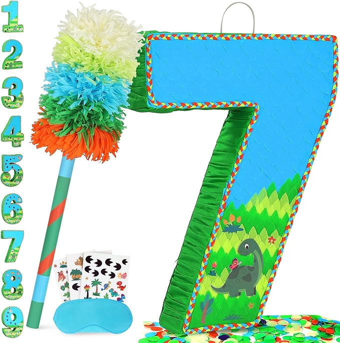 Number 7 Pinata for Birthday Party Decorations, Jungle Dinosaur Piñata Games Toy by Pardecor