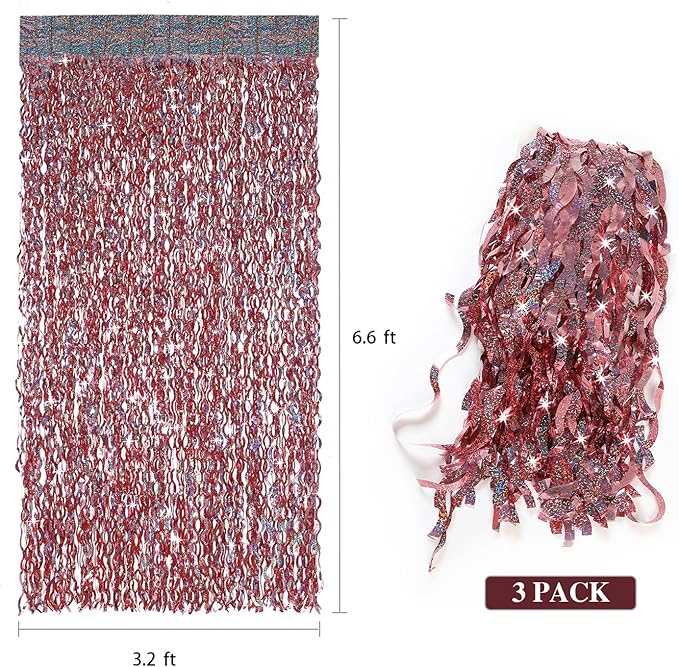 3 Pack 3.3 ft x 6.6 ft Tinsel Curtain -CYLMFC Rose Gold Birthday Backdrop - Image 3