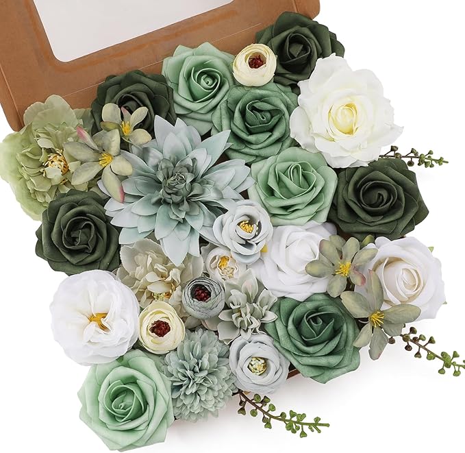 Floweroyal Artificial Flowers Combo Green Flowers Mix Silk Flowers Dahlia Roses by FloweroyalCrafts
