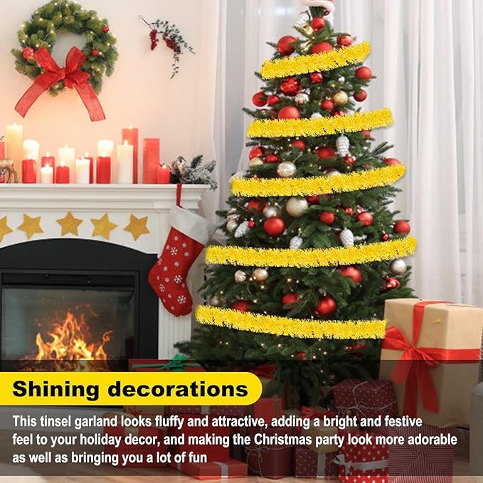 25 Feet Macaron Yellow Christmas Tinsel Garland, Metallic Foil Twist Garland - Image 4