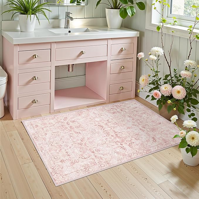 Pink Area Rug 2x3 Entryway Rug for Bedroom Bathroom, Non-Slip Low-Pile Washable - Image 2