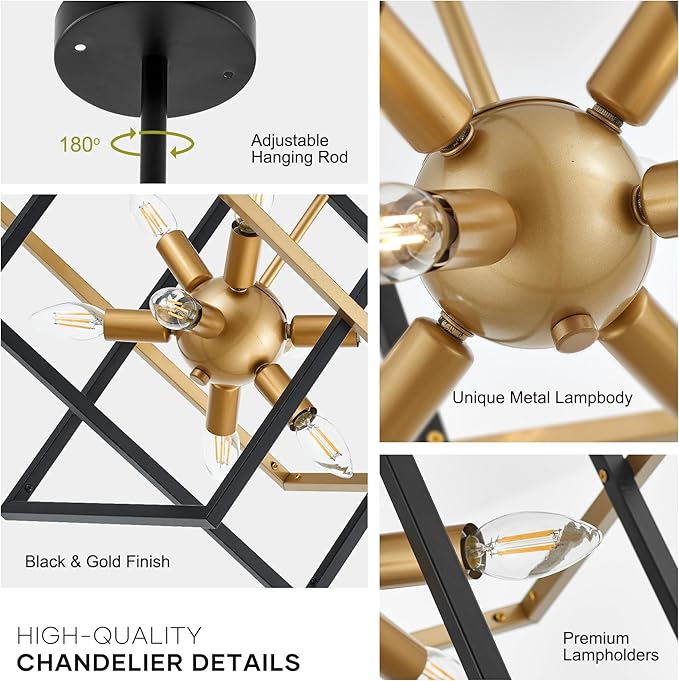 15.8'' Black Gold 8-Light Sputnik Chandelier Modern Industrial Adjustable - Image 2
