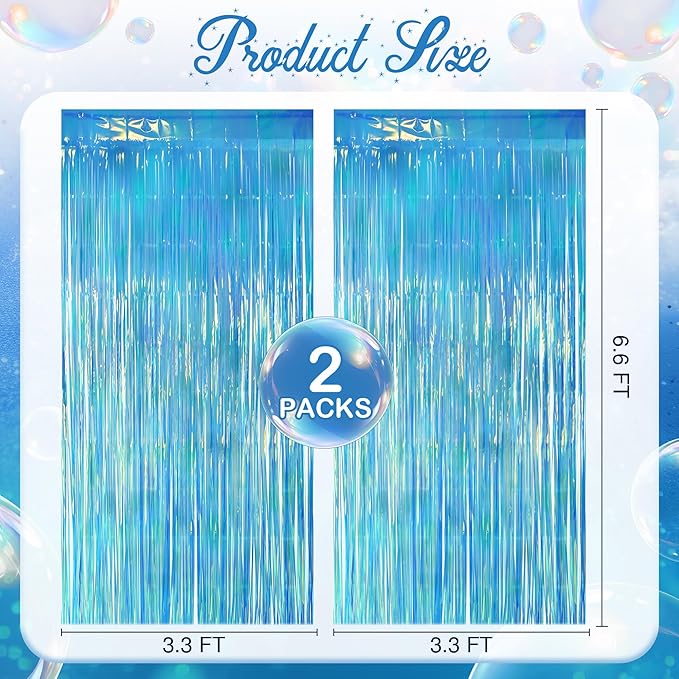 2 Pack Blue Iridescent Streamers Backdrop, 3.3x6.6ft Foil Fringe Curtains - Image 2