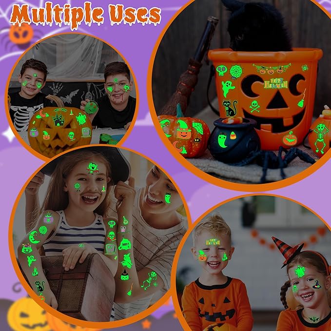 145 Styles Halloween Tattoos for Kids, Glow in Dark Ghosts Pumpkin Fake - Image 7