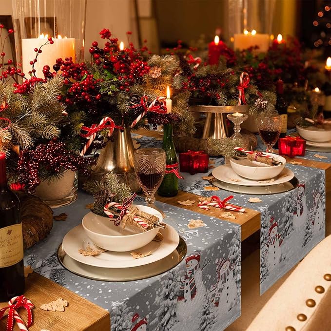 Christmas Snowman Cotton Linen Table Runner - Image 2