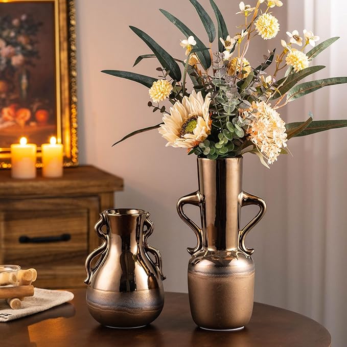 Gold Ceramic Vase with Handles, Modern Amber Brown Tall Centerpiece Floral - Image 6