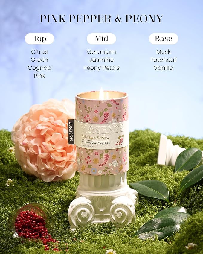 M&SENSE Pink Pepper Peony Scented Candle, Medium Jar Candle 11.3oz Natural Soy - Image 2
