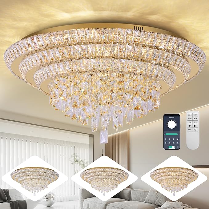 30 inch Crystal Gold Ceiling-Light Flush Mount by REDSTARLIGHTING
