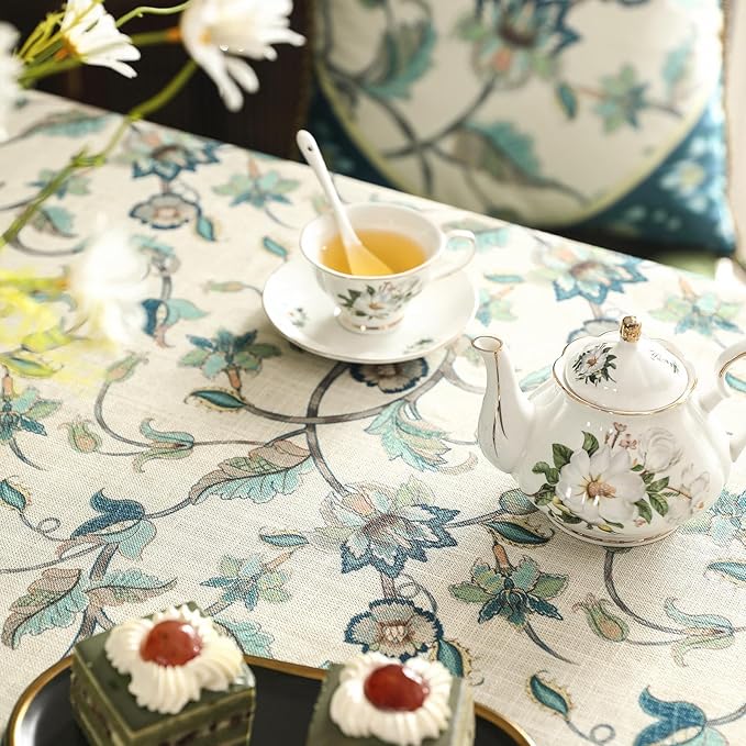 patdrea Designer Green Small Square Table Cloth, Vintage Floral Linen Durable - Image 3
