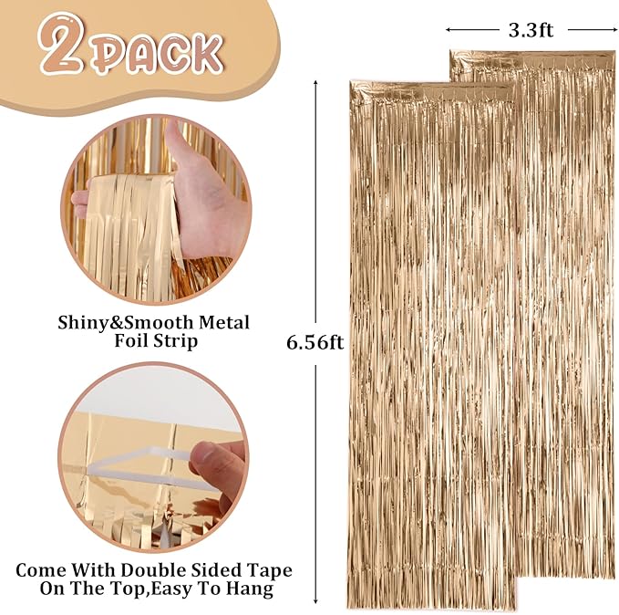 2 Pack Champagne Foil Fringe Backdrop Curtains, Tinsel Streamers Birthday Party - Image 2