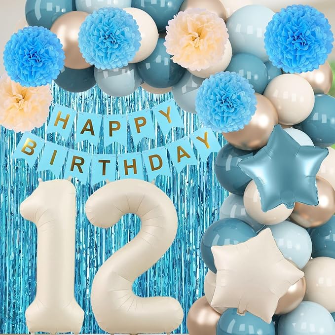 Dusty Blue 12th Birthday Party Decorations Boys Girls Beige Cream Number 12 - Image 5