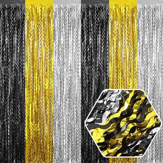 4 Pack Black Gold Silver Wave Foil Fringe Curtain Backdrop, 3.28Ft x 8.2Ft by Ferwzsr