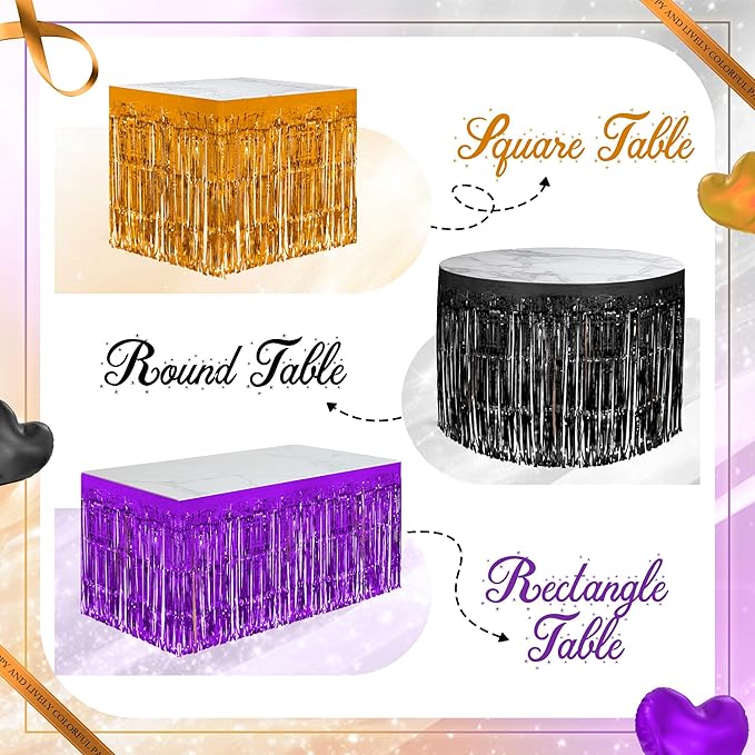 3 Pack Black Dark Purple Orange Table Skirts, 29x108" Metallic Foil Tinsel - Image 4