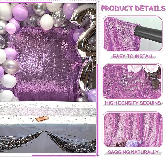 Lavender Sequin Backdrop Curtains 2FTx8FT 4 Panels Lilac Glitter Curtains Photo - Image 4