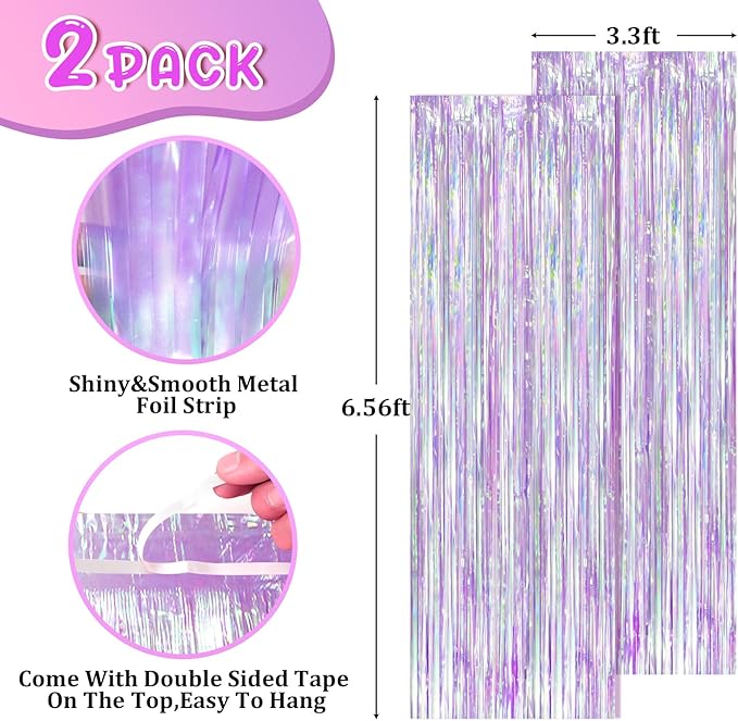 2 Pack Iridescent Purple Foil Fringe Curtains, Glittering Tinsel Streamers - Image 2