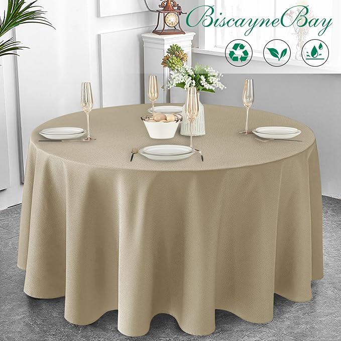 Biscaynebay Textured Fabric Round Tablecloths 108", Natural Water Resistant - Image 7