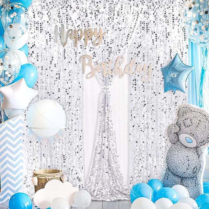 Silver Sequin Backdrop Curtains 2 Panels 4FTx8FT Big Payette Glitter Backdrop - Image 2