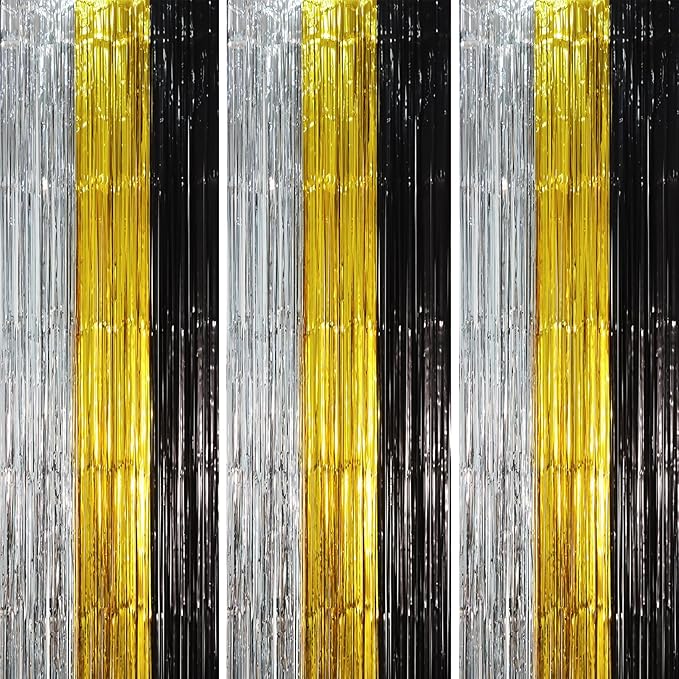 3 Pack 3.3 x 8.2 ft Black Gold Silver Foil Fringe Backdrop Curtains, Tinsel by Voircoloria