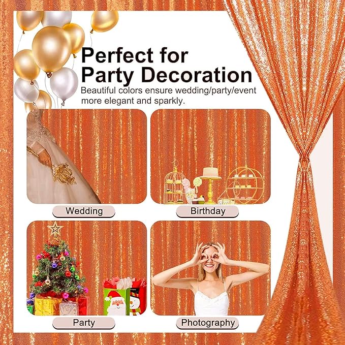 Orange Sequin Backdrop Curtains 2 Panels 2FTx8FT Glitter Orange Photo Backdrop - Image 2