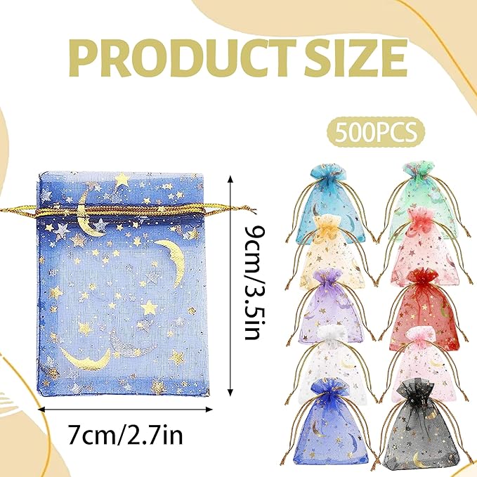 500 Pcs Moon Star Organza Jewelry Candy Bags Wedding Favor 2.8x3.5 Inch - Image 2
