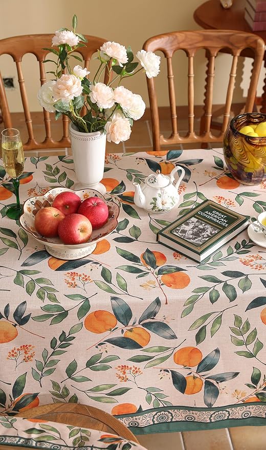 patdrea Designer Vintage Linen Rectangle Table Cloth, Framhouse Oranges and - Image 4