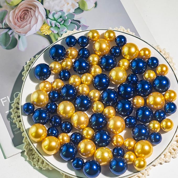150Pcs Navy Blue&Gold Polished No Hole Faux Pearl Beads - Image 4