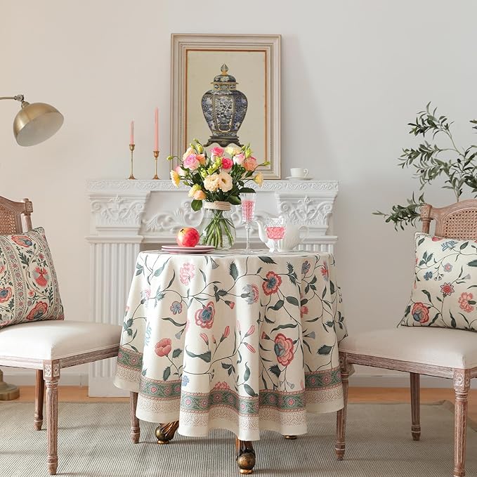 ISAENNE Designer Chinoiserie Linen Floral Small Round Tablecloth, Elegant Decor - Image 2