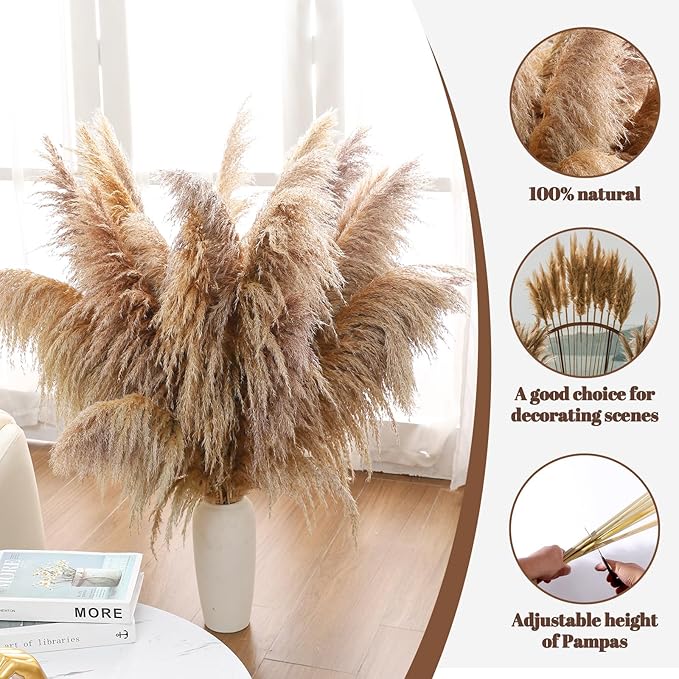 46" inch 11 Stems Natural Pampas Grass Tall Decor, Pompas Grass, Large Borwn - Image 5