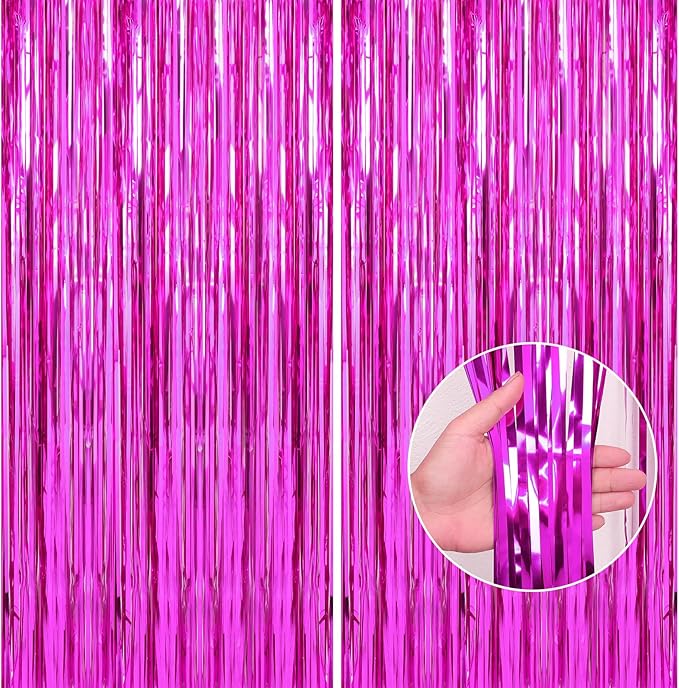 Crosize 2 Pack 3.3 x 9.9 ft Hot Pink Foil Fringe Backdrop Curtain, Streamer by Crosize