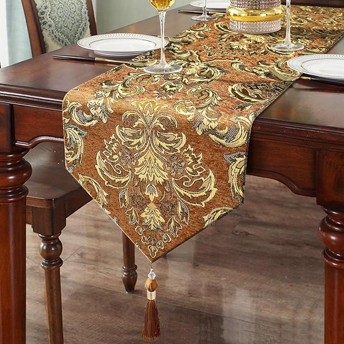 Elegant Floral Chenille Gold Jacquard Table Runner Advanced Caramel-Color by HeMiaor