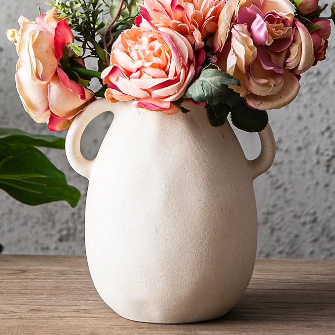 Kimdio White Ceramic Vase with 2 Handles – Sand-Glazed Clay Pottery Vase - Image 2
