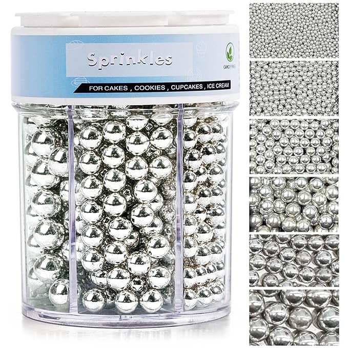 Sprinkles for Cake Decorating, 11Oz 6 Sizes Mix Silver Pearl Sprinkles for Cake by Kercky
