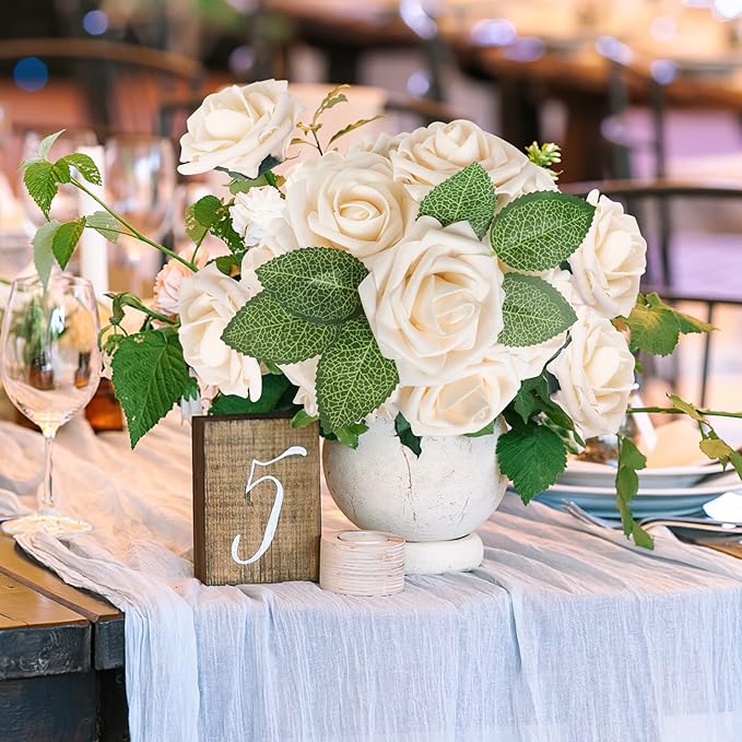 AmyHomie Artificial Flowers Champagne Rose 50pcs Real Looking Fake Roses w/Stem - Image 4