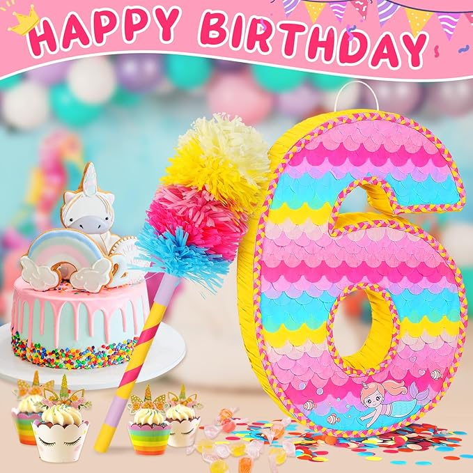 Number 6 Pinata for Birthday Party Decorations, Unicorn Mermaid Theme Pink - Image 2