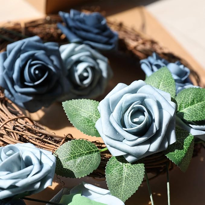 AmyHomie Artificial Flower Dusty Blue Shades Rose 25pcs Real Looking Fake Roses - Image 3