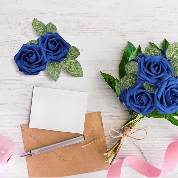 AmyHomie Artificial Flower Royal Blue Rose 25pcs Real Looking Fake Roses w/Stem - Image 5