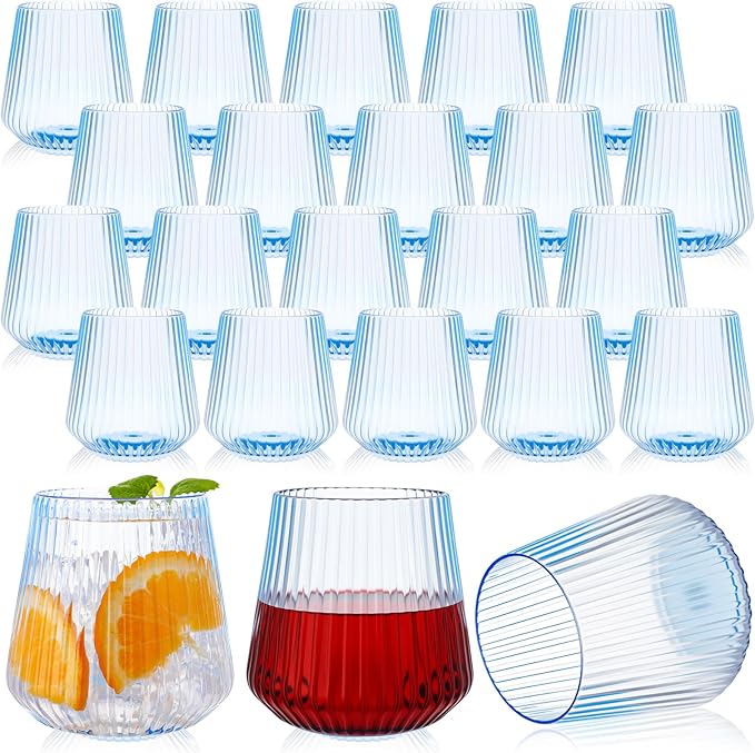 Suclain Plastic Wine Glasses Ribbed Stemless Wine Glasses 14oz Vertical Design by Suclain