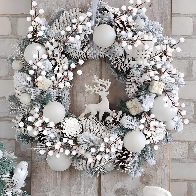 40 Pcs Artificial Berry Stems Branches, Christmas White Faux Holly Berries - Image 3