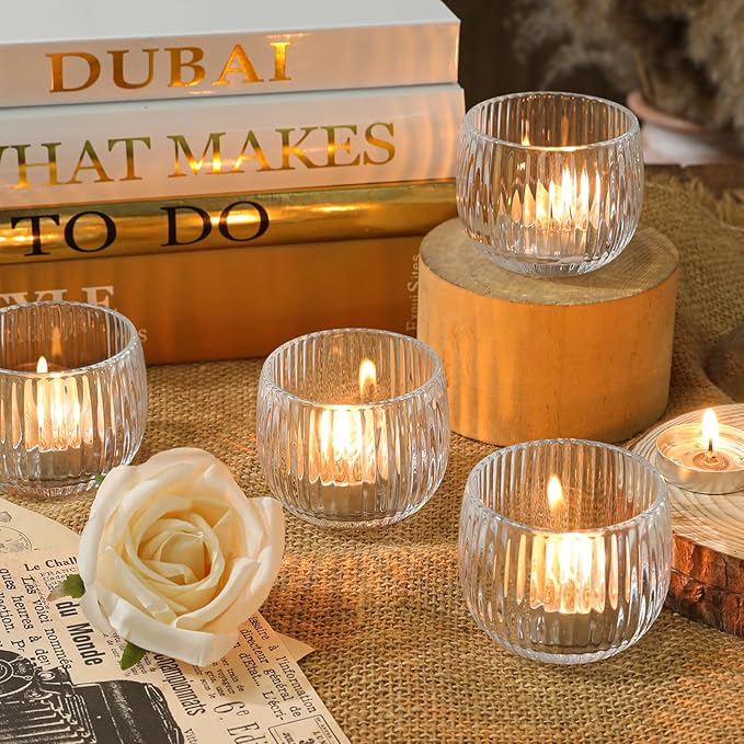 Set of 6 Ribbed Glass Votive Candle Holders, and Home Decor - Image 3