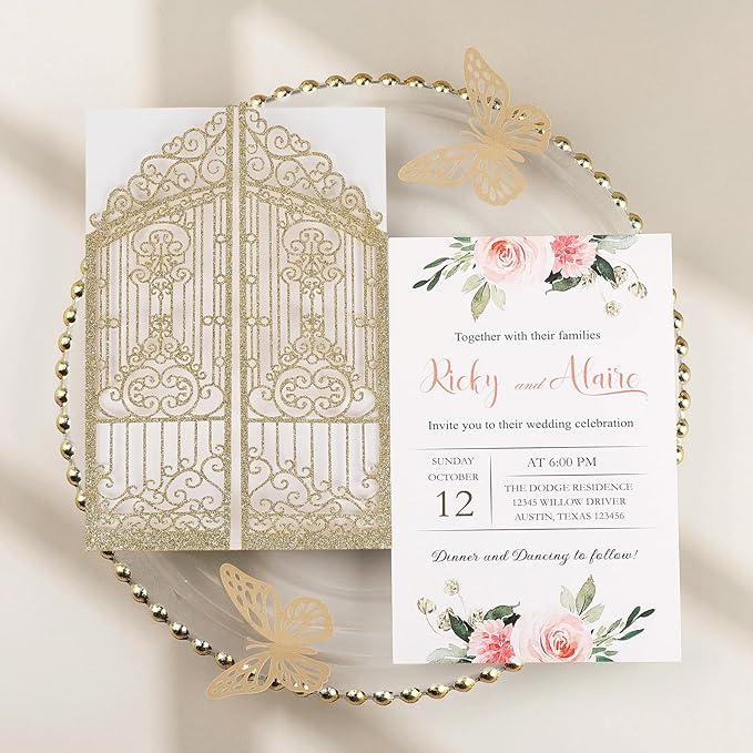 50PCS Gold Glitter Wedding Invitations Laser Cut Invitations - Image 2