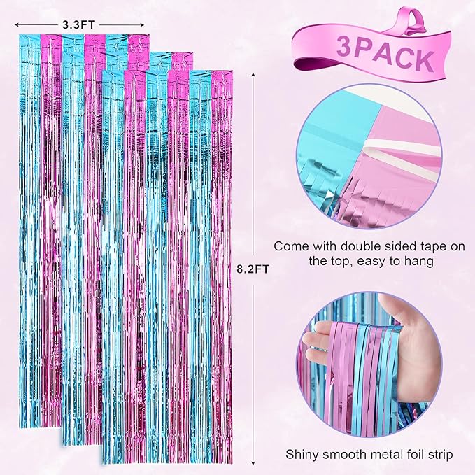 3 Pack 3.3x8.2 Feet Blue and Pink Foil Fringe Backdrop Curtains, Tinsel - Image 3