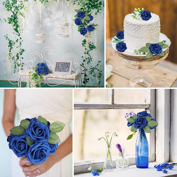 AmyHomie Artificial Flower Royal Blue Rose 25pcs Real Looking Fake Roses w/Stem - Image 4