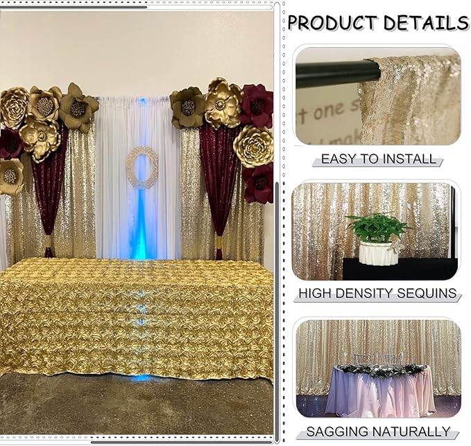 Champagne Gold Sequin Backdrop Curtain 10FTx10FT 1 Panel, Stage Sparkly - Image 4