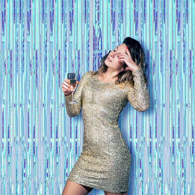 2 Pack 3.3x8.2 Feet Neon Iridescent Foil Fringe Backdrop Curtains, Tinsel - Image 6