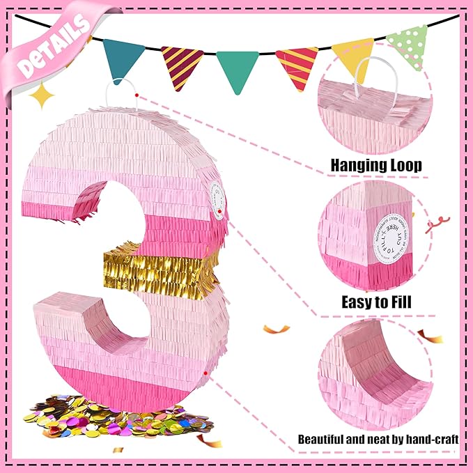 PCFING 20 Inch Number 3 Piñata Pink Gold - Image 3