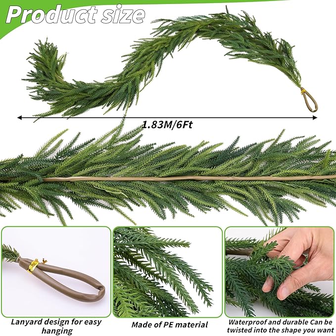 1 Pcs Artificial Norfolk Pine Garlands Christmas, 6 FT Dense Real Touch Winter - Image 2