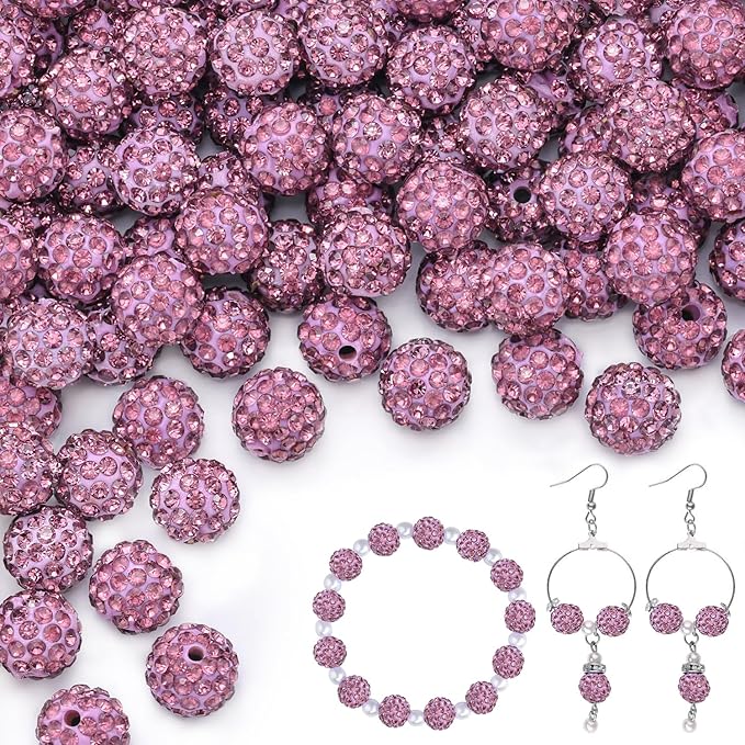 100pcs 10mm Rhinestone Beads for Jewelry Making, Light Purple Shiny Round by TINKRSTUFF