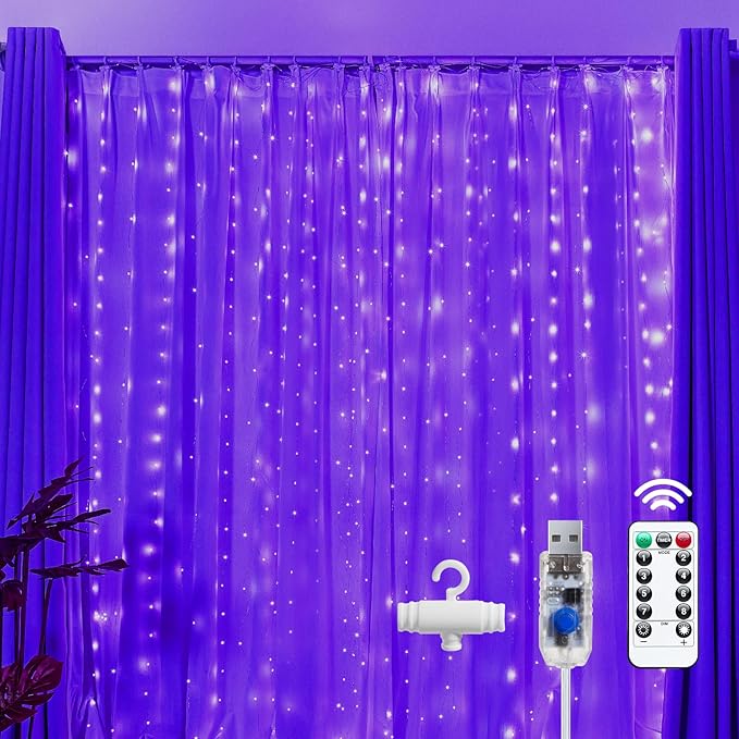 Brightown 300 LED Purple Fairy Curtain Lights, 9.8ft x 9.8ft Curtain String by Brightown