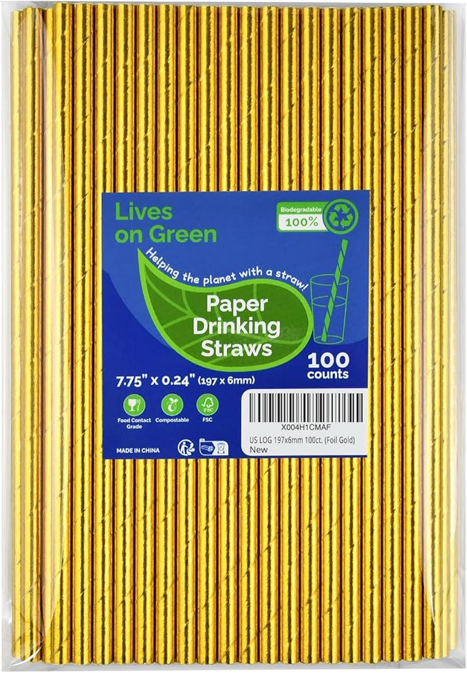 7.75 inch Compostable Gold Paper Straws 100 Counts by LivesonGreen
