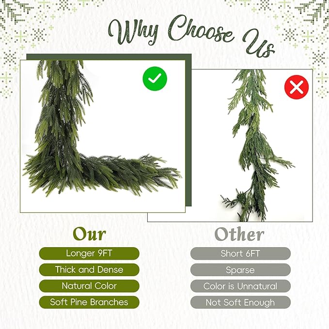 N&T NIETING 9FT Christmas Norfolk Pine Garland, Real Touch Pine Garlands Faux - Image 5